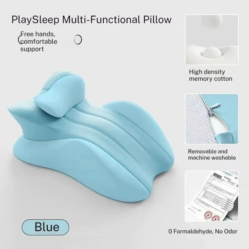 Blue PlaySleep Multi-Functional Pillow with soft memory foam and ergonomic curves for enhanced comfort and closer moments.