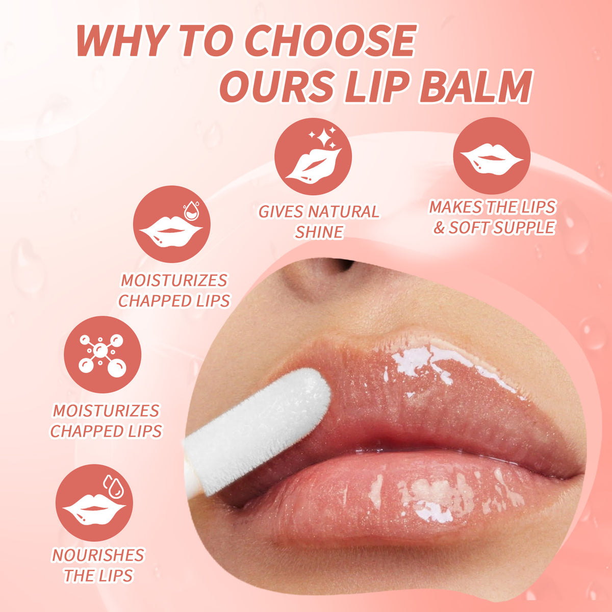 Infographic highlighting benefits of Scented Lip Oil Stain Set, including hydration, shine, and nourishment for soft, supple lips.