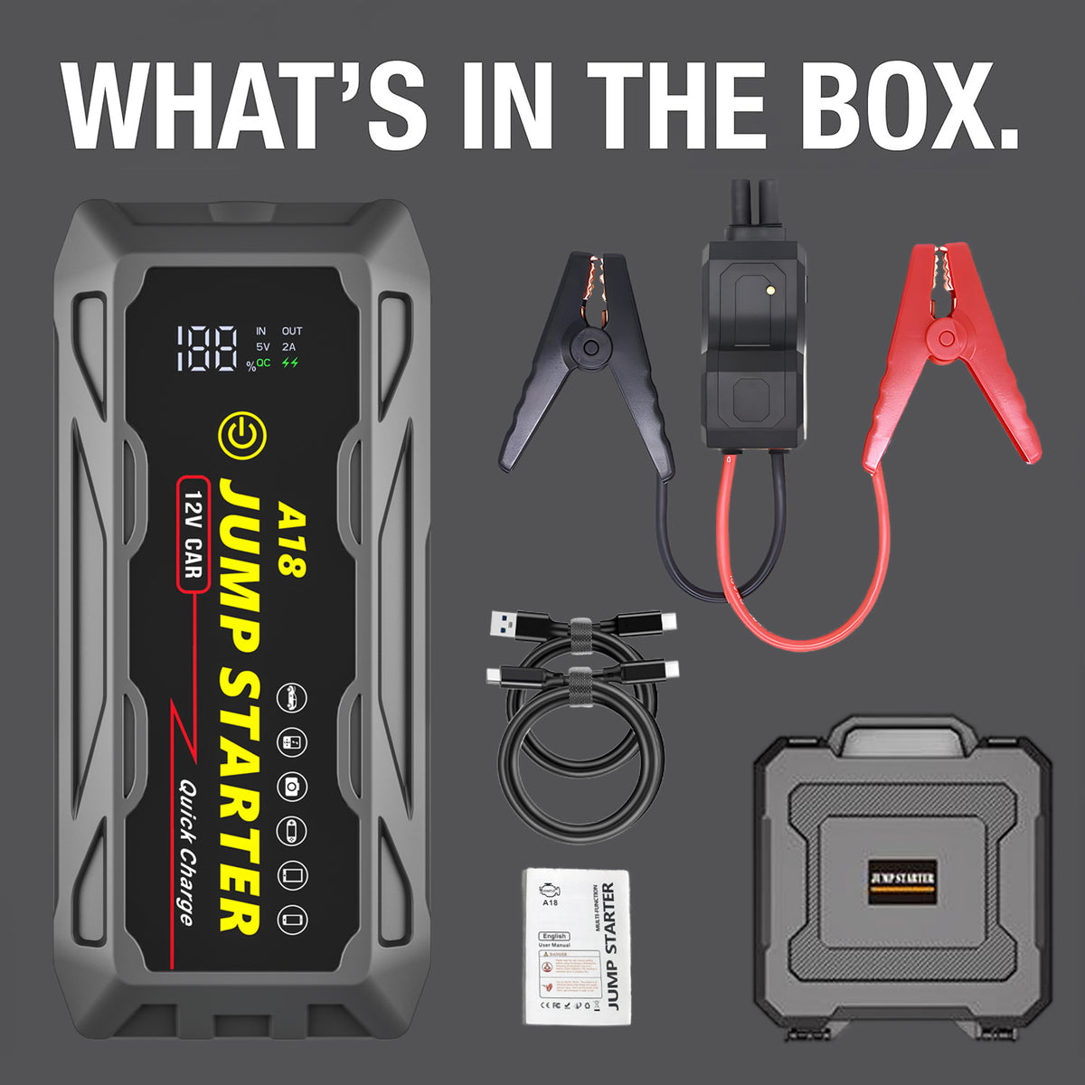 3000A Jump Starter with PD66W Fast Charge full kit includes clamps, USB cables, and case, perfect for complete car emergency preparedness.