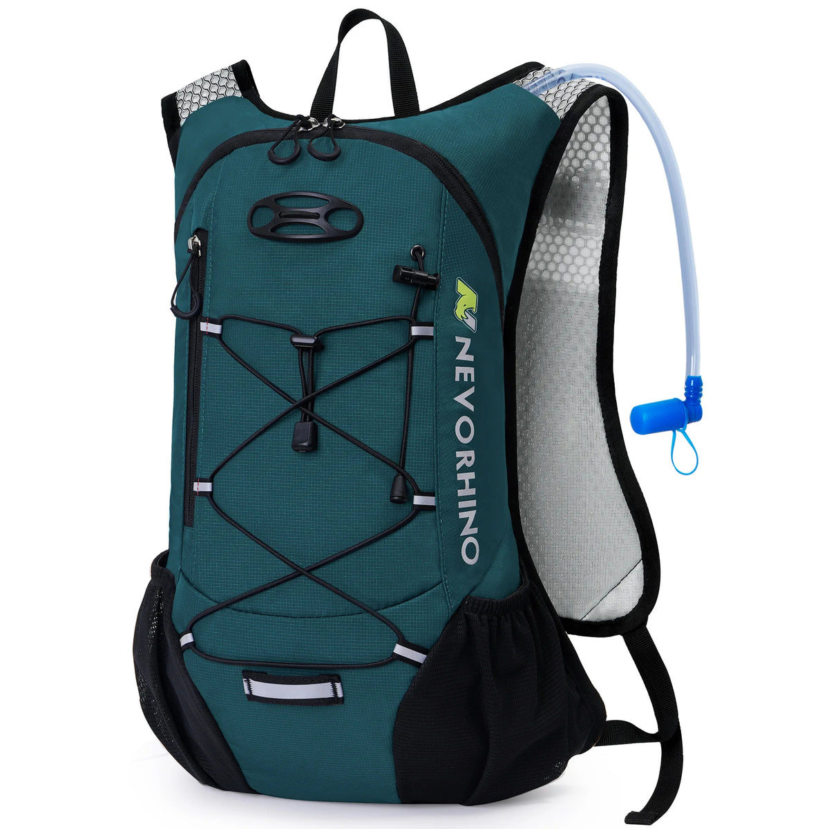 Teal hydration backpack with 2L bladder and ergonomic fit, designed for cycling, hiking, and running enthusiasts.