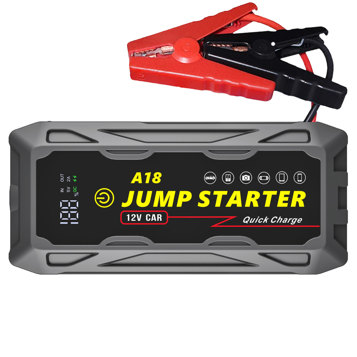 Compact 3000A Jump Starter with PD66W Fast Charge 59200mWh and smart clamps, designed for 12V car batteries and quick emergency use.