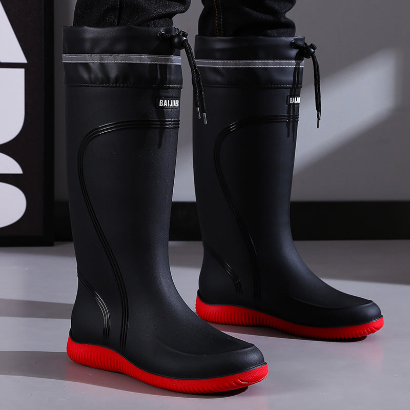Men's Anti-Slip Rain Boots with red soles, high tube waterproof design for outdoor work, fishing, and hiking activities.