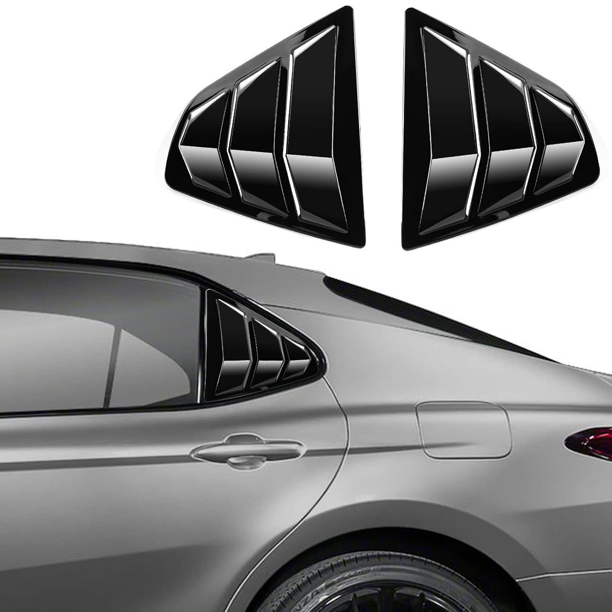 Gloss black Toyota Camry Louvers Set - Rear Window 2018-2024 installed on side window for sleek look.