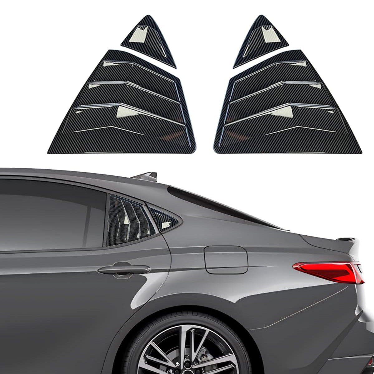 Carbon fiber-style window louvers for 2025-2026 Toyota Camry 9th Gen, racing ABS trim 4PCS kit for sleek exterior upgrade.