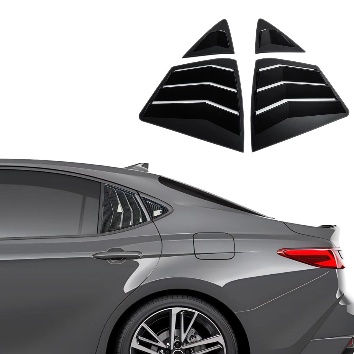 Matte black ABS window louvers for Toyota Camry 2025-2026, 4PCS no-drill kit with aerodynamic front and side vent covers.