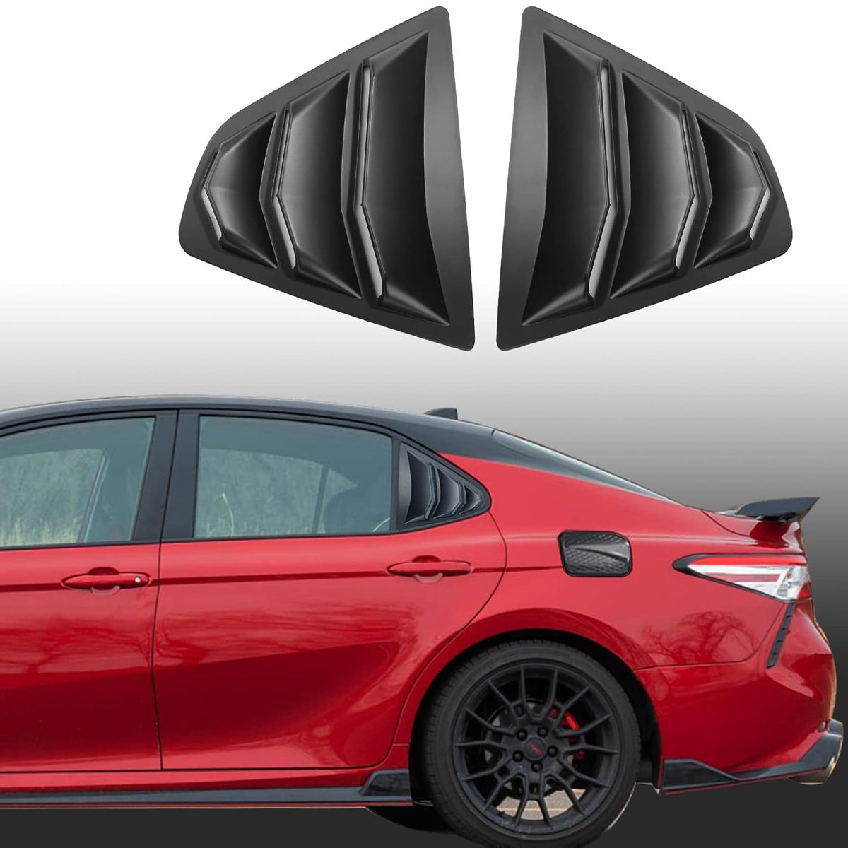 Toyota Camry Louvers Set - Rear Window 2018-2024 in matte black ABS, shown installed on red Camry for sporty exterior upgrade.
