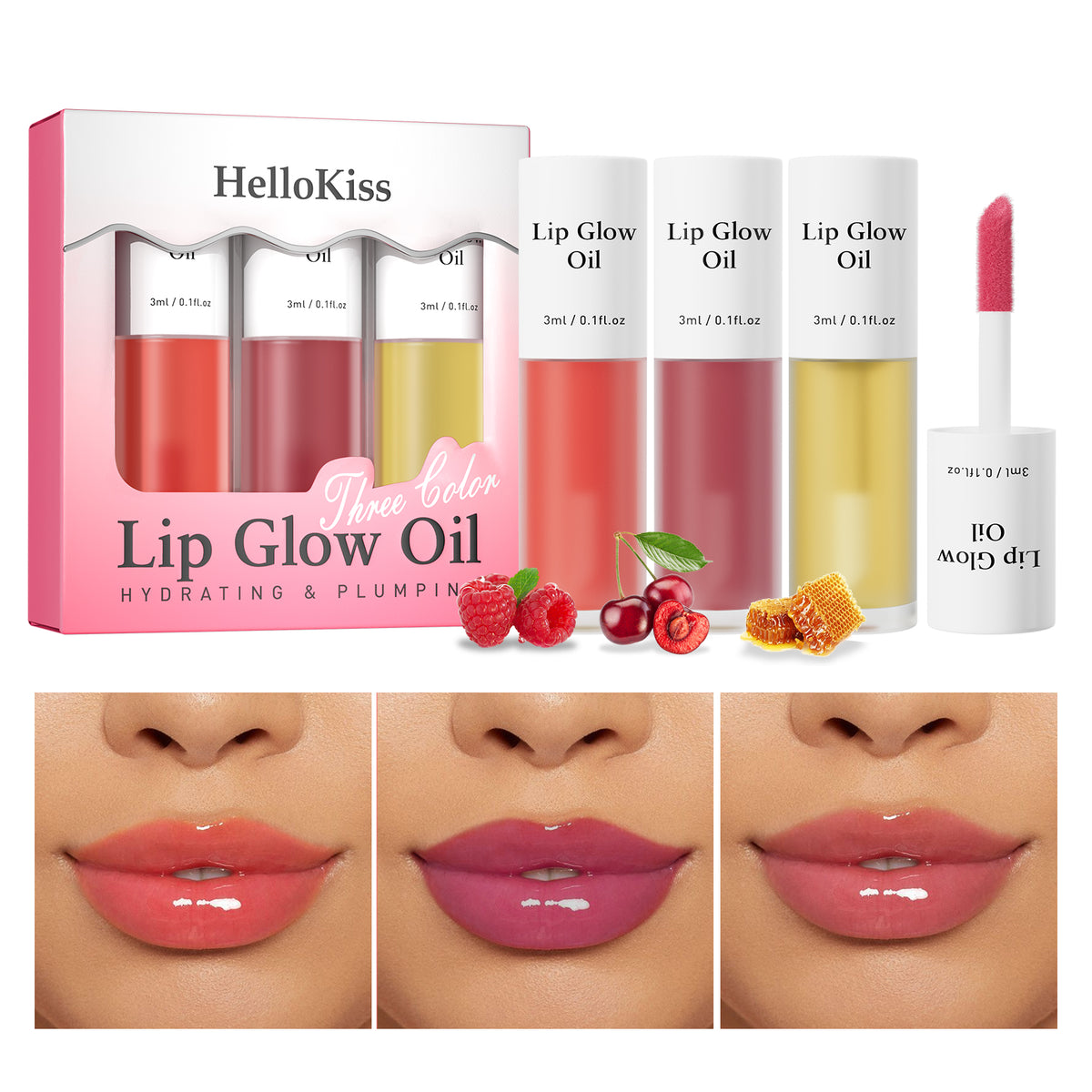Long-Lasting Scented Lip Oil Stain Set featuring cherry, raspberry, and honey glosses with vibrant lip color results and sleek packaging.