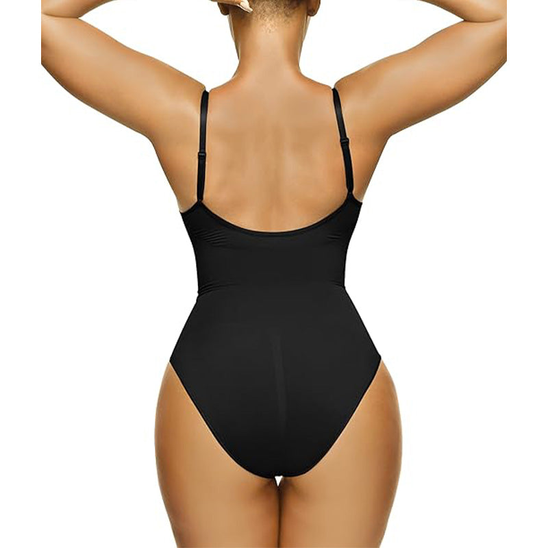 Back view of black Seamless Tummy Control Bodysuit showing full body sculpting and breathable fabric for invisible wear under clothing.