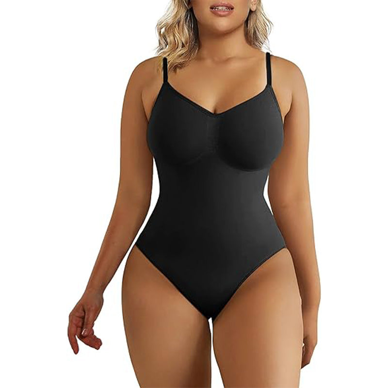 Front view of black Seamless Bodysuit - Tummy Control with sculpting fit and breathable fabric for invisible everyday shapewear.