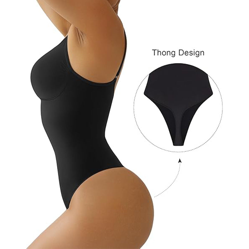 Black seamless tummy control bodysuit with thong design, highlighting sculpting fit and breathable shapewear for everyday wear.