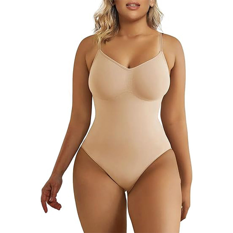 Nude seamless tummy control bodysuit with adjustable straps, offering invisible sculpting shapewear for dresses and daily outfits.