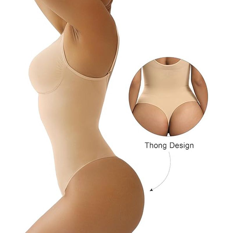 Side view of nude seamless sculpting bodysuit with thong back design, ideal for invisible wear under tight clothing.