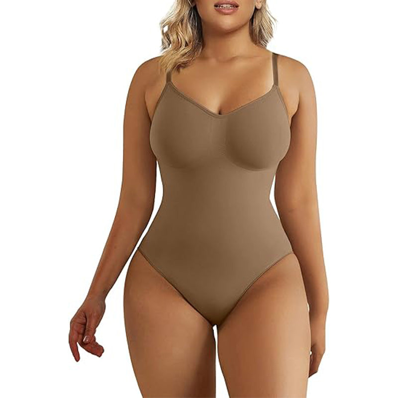 Brown seamless tummy control bodysuit with sculpting fit and adjustable straps, ideal for invisible wear under any outfit.