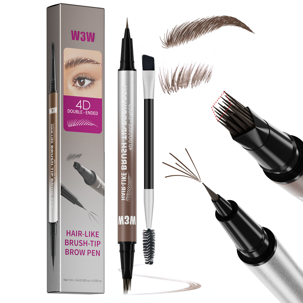 Waterproof dual-ended eyebrow and eyeliner pencil in brown shade featuring a microblade brush tip for precise, all-day eye makeup.