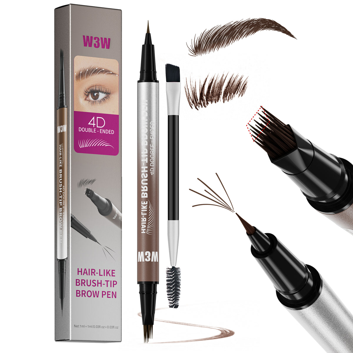Dark brown dual-ended eyebrow and eyeliner pencil with fine brush tip for creating defined 4D brows and long-lasting eyeliner looks.