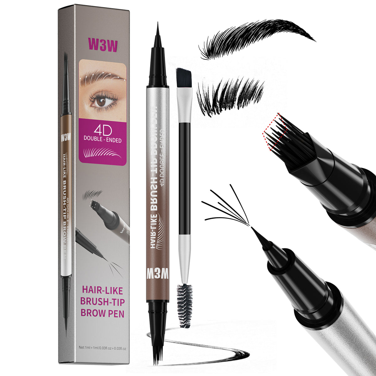 Black dual-ended eyebrow and eyeliner pencil with ultra-fine brush tip for bold, defined brows and precise eyeliner application.