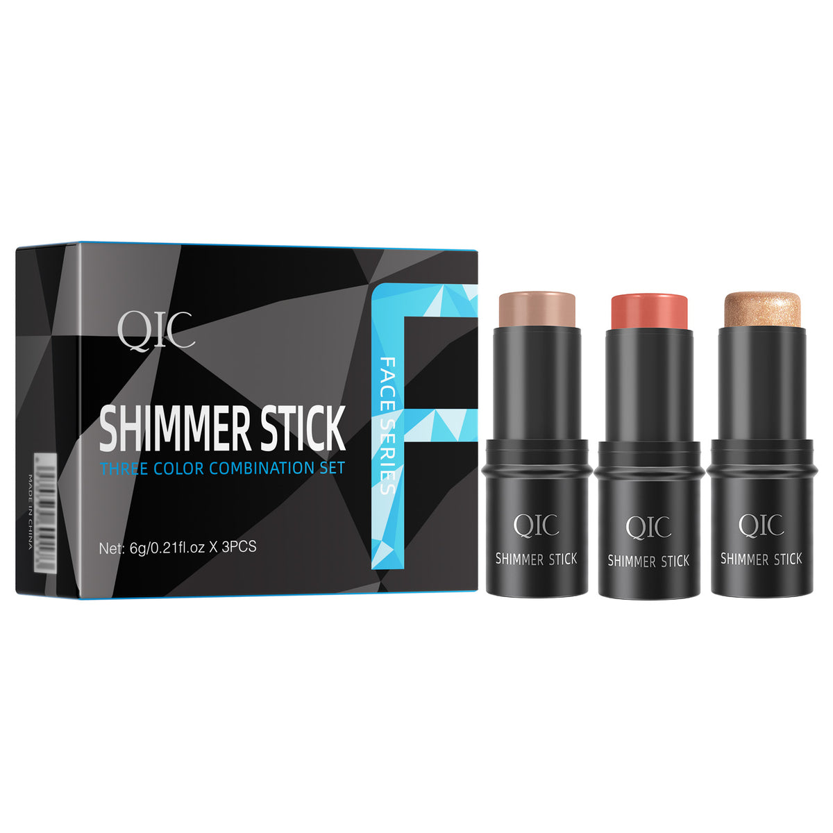 QIC shimmer stick 3-piece set in box packaging. Includes contour, blush, and highlight sticks for full-face glow.