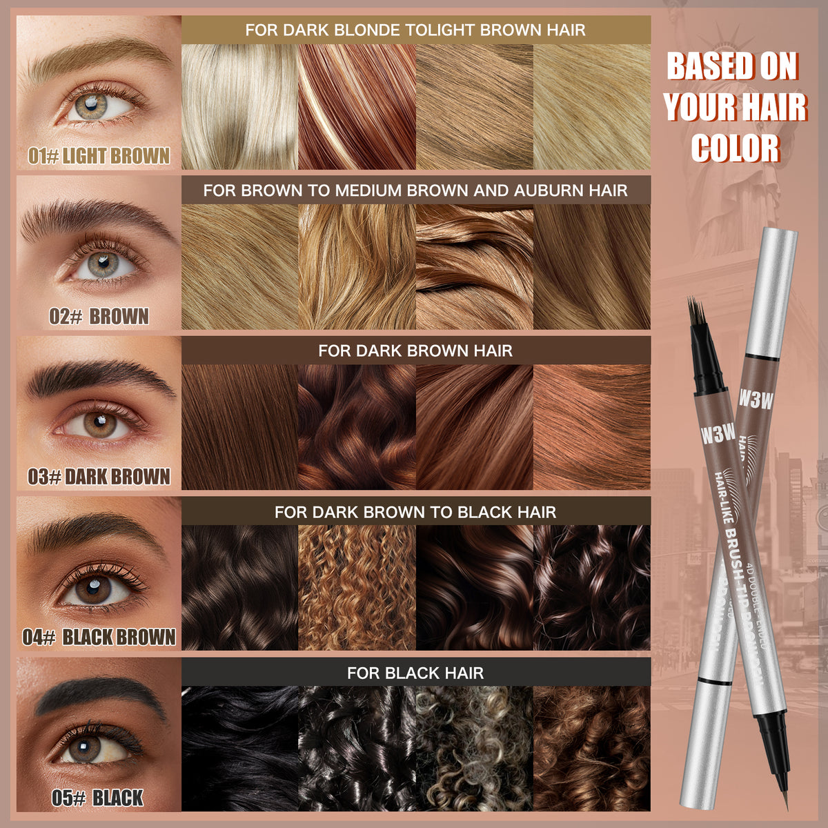 Eyebrow pencil shade guide showing five colors from light brown to black, matched to various hair colors for ideal brow enhancement.