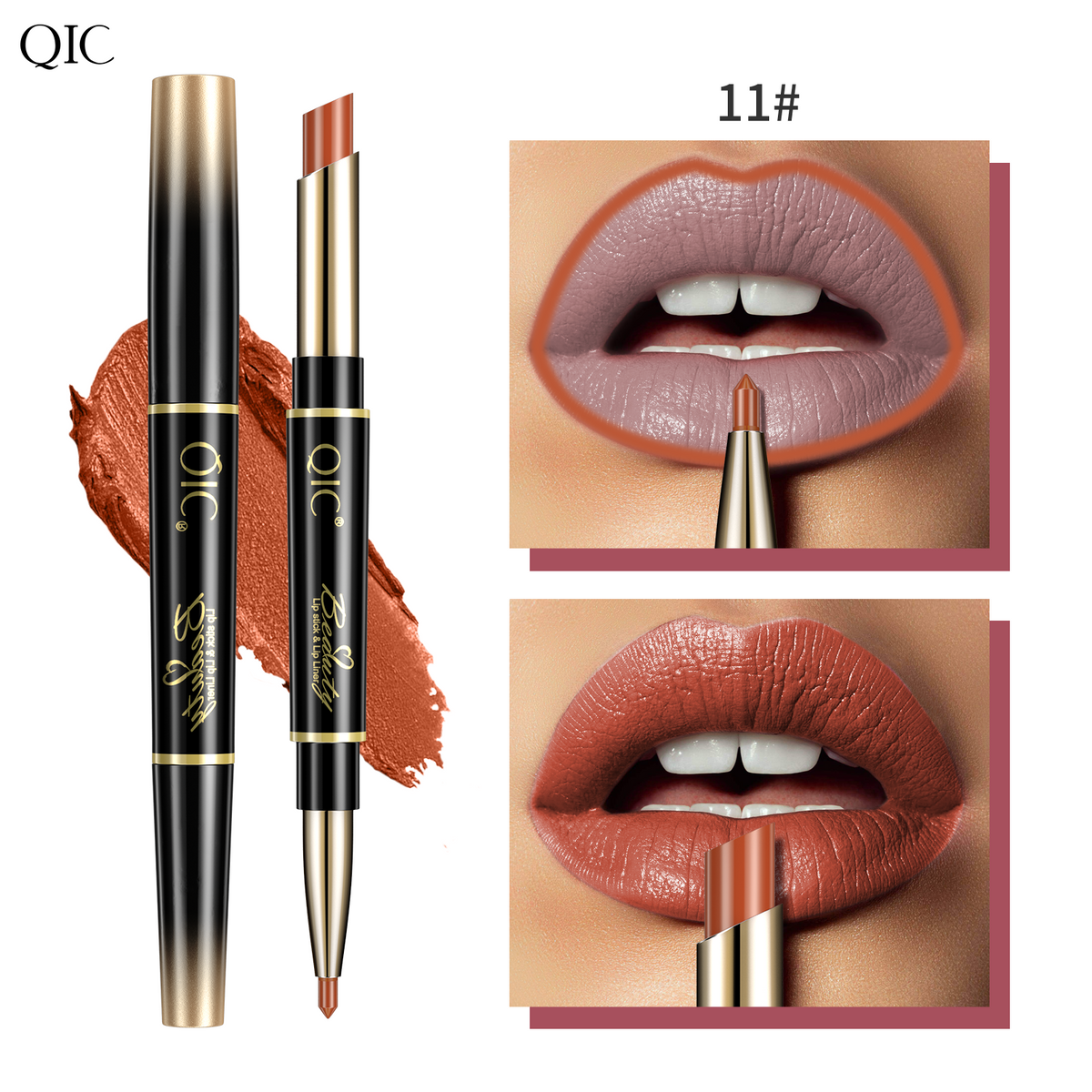 2-in-1 Dual-Ended Lipstick & Liner Matte Waterproof & Transfer-Proof 24H Non-Smudge Lip Combo Kiss-Proof in shade 11#, a terracotta brown with waterproof and transfer-proof formula.