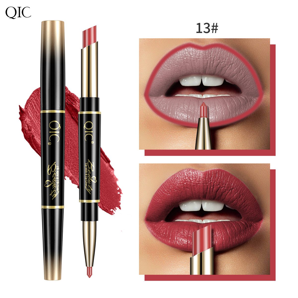2-in-1 Dual-Ended Lipstick & Liner Matte Waterproof & Transfer-Proof 24H Non-Smudge Lip Combo Kiss-Proof in shade 13#, a deep rose red with precision liner and lipstick application.