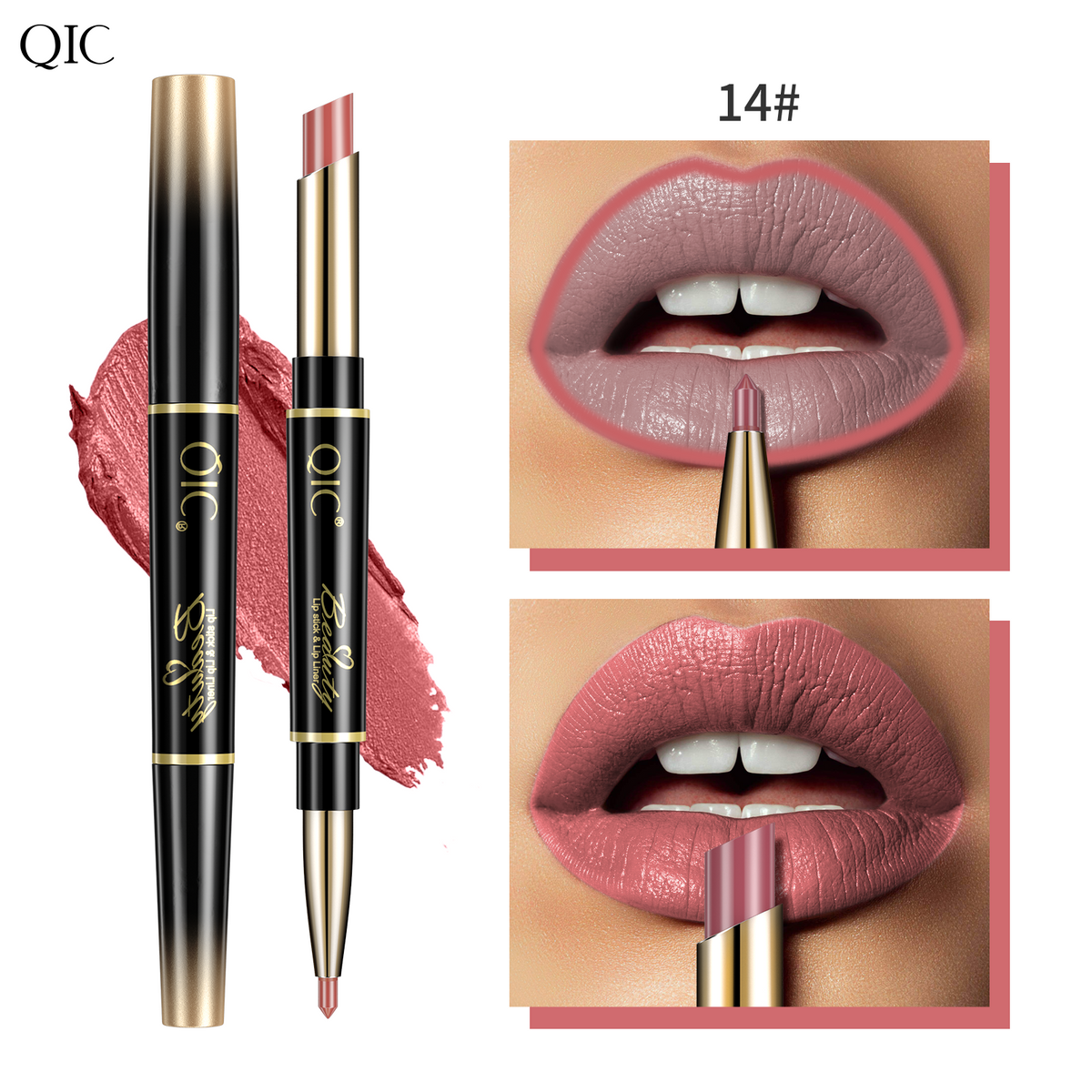 2-in-1 Dual-Ended Lipstick & Liner Matte Waterproof & Transfer-Proof 24H Non-Smudge Lip Combo Kiss-Proof in shade 14#, a light rose pink with creamy matte texture and precise liner.