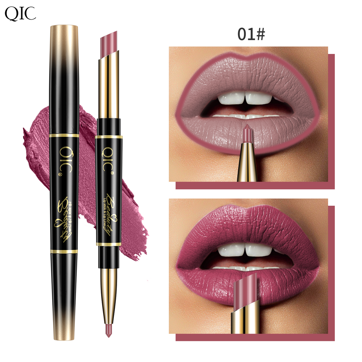 2-in-1 Dual-Ended Lipstick & Liner Matte Waterproof & Transfer-Proof 24H Non-Smudge Lip Combo Kiss-Proof in shade 01#, a soft mauve pink with matching lip liner and lipstick swatches.