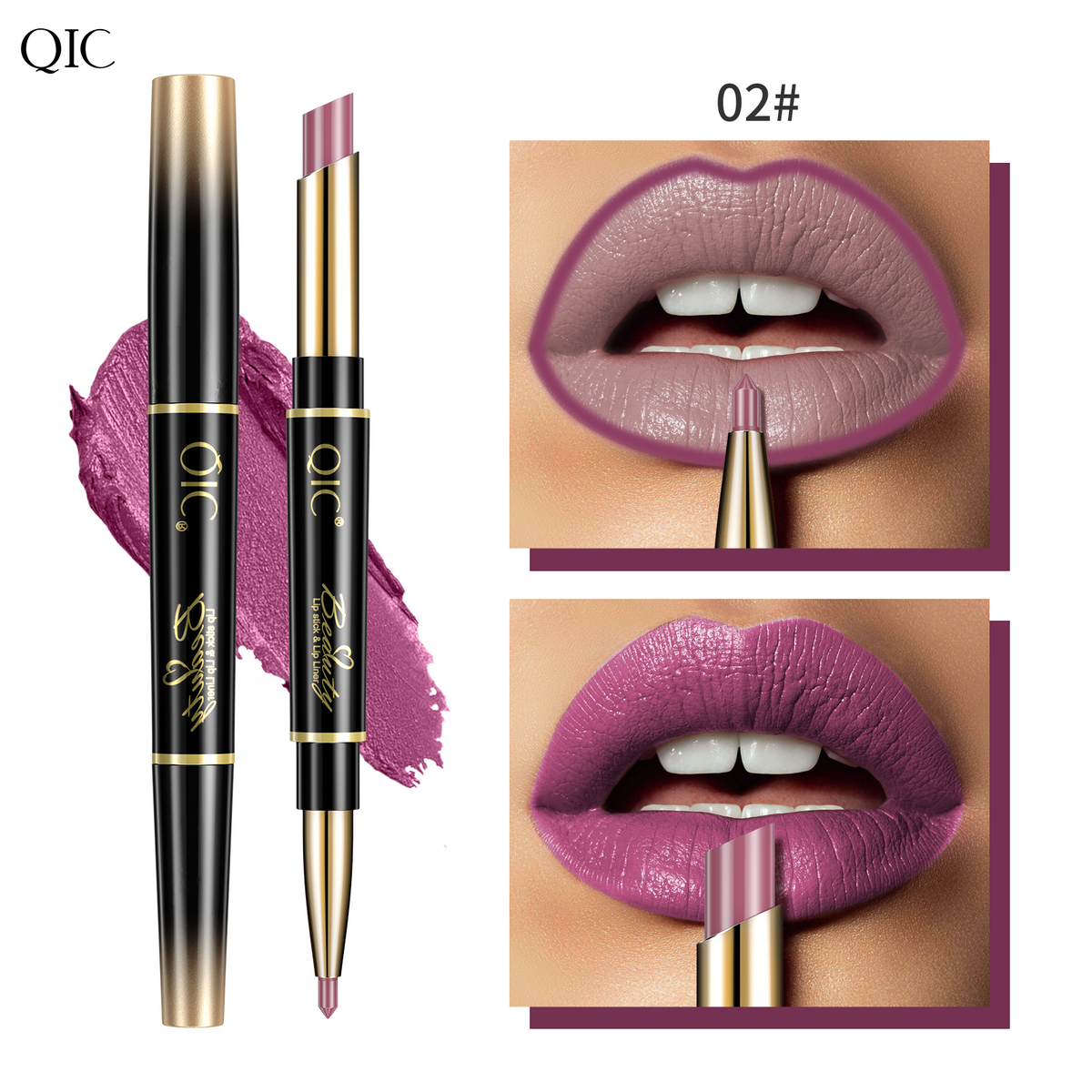 2-in-1 Dual-Ended Lipstick & Liner Matte Waterproof & Transfer-Proof 24H Non-Smudge Lip Combo Kiss-Proof in shade 02#, a vibrant violet pink with defined lip swatches.