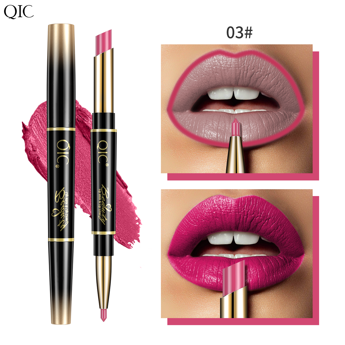 2-in-1 Dual-Ended Lipstick & Liner Matte Waterproof & Transfer-Proof 24H Non-Smudge Lip Combo Kiss-Proof in shade 03#, a bright fuchsia pink with bold color payoff and smudge-free wear.
