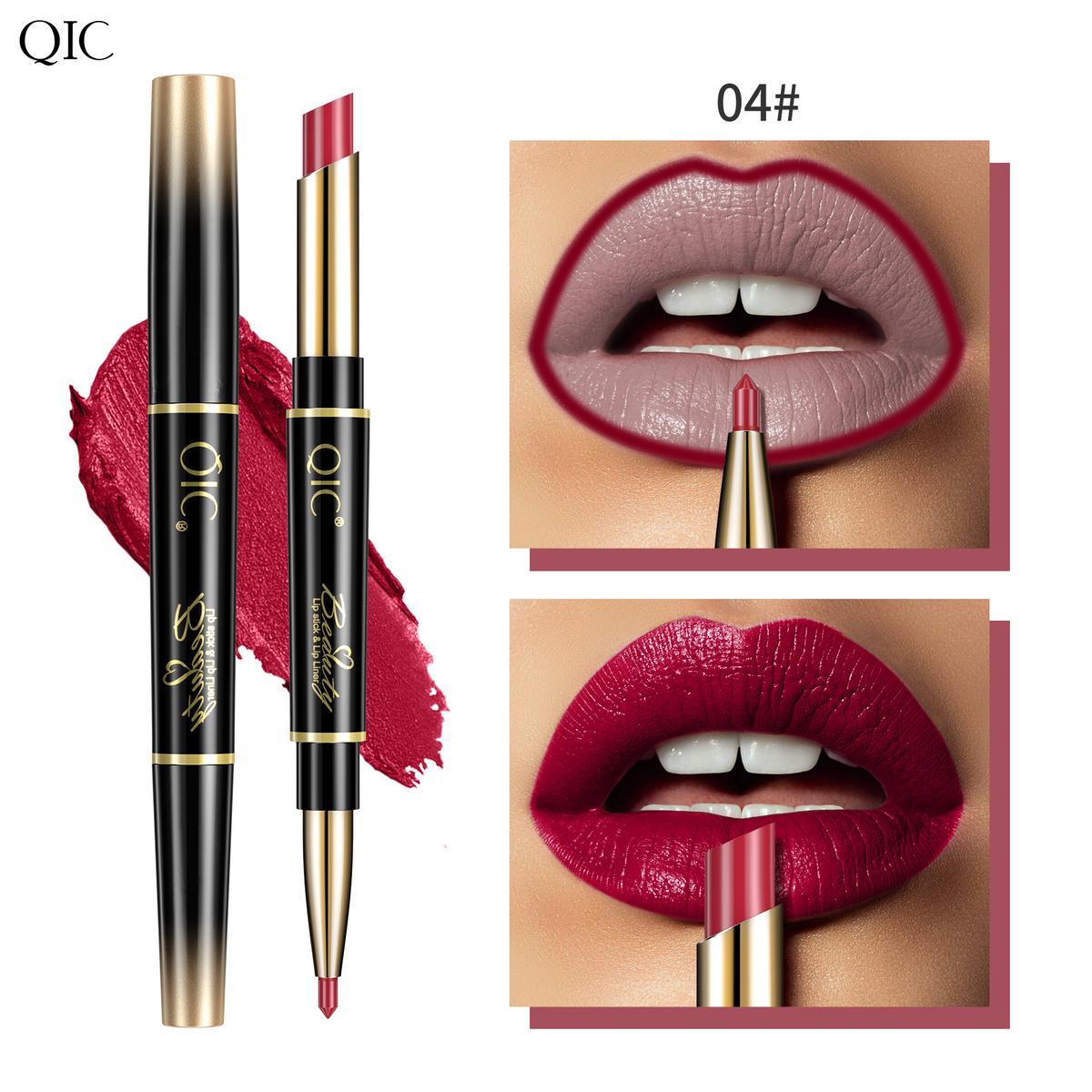 2-in-1 Dual-Ended Lipstick & Liner Matte Waterproof & Transfer-Proof 24H Non-Smudge Lip Combo Kiss-Proof in shade 04#, a bold wine red with kiss-proof matte finish.