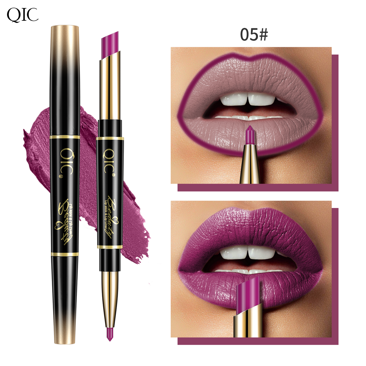 2-in-1 Dual-Ended Lipstick & Liner Matte Waterproof & Transfer-Proof 24H Non-Smudge Lip Combo Kiss-Proof in shade 05#, a rich plum purple with defined matte finish and dual applicator.