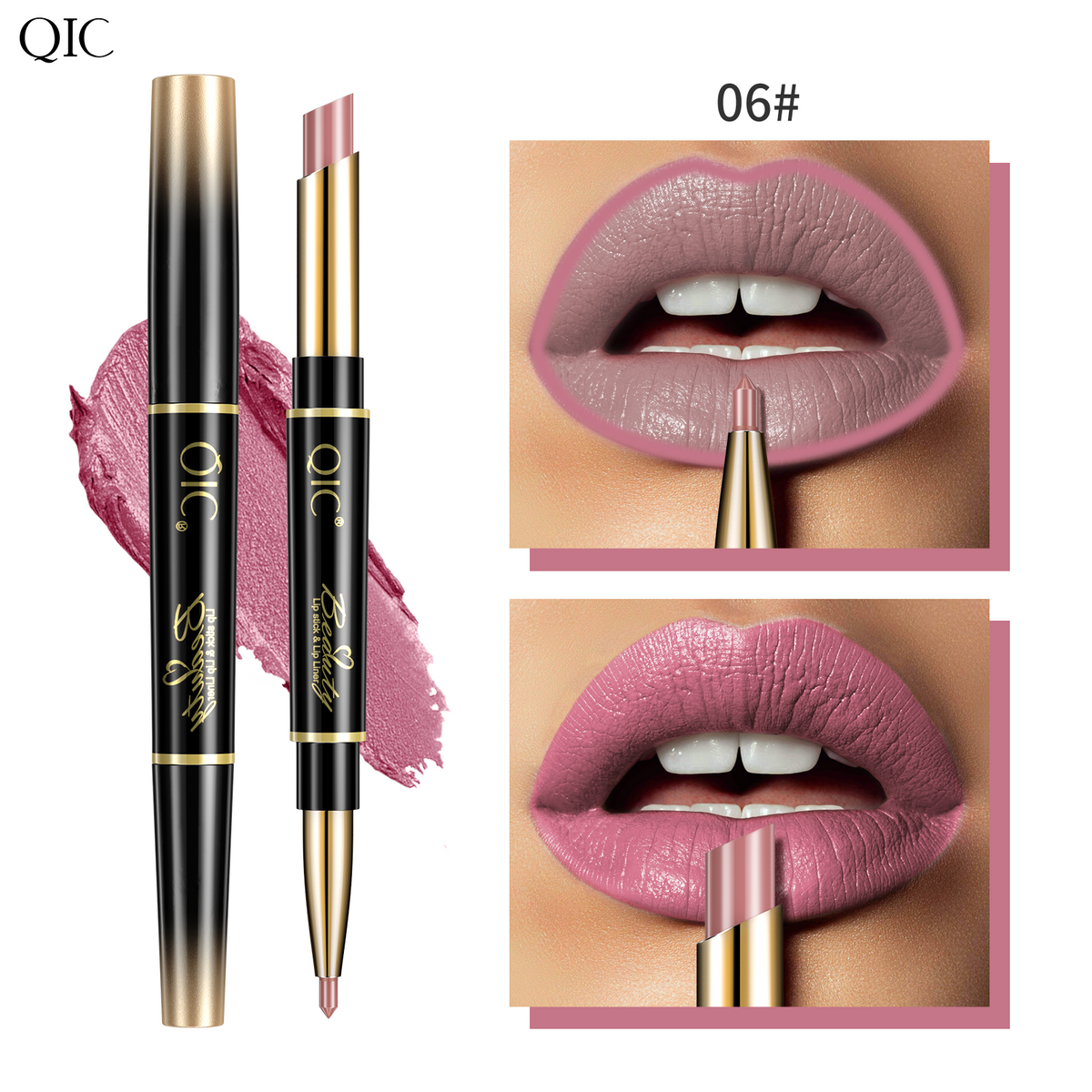 2-in-1 Dual-Ended Lipstick & Liner Matte Waterproof & Transfer-Proof 24H Non-Smudge Lip Combo Kiss-Proof in shade 06#, a soft baby pink with smooth matte coverage and kiss-proof formula.