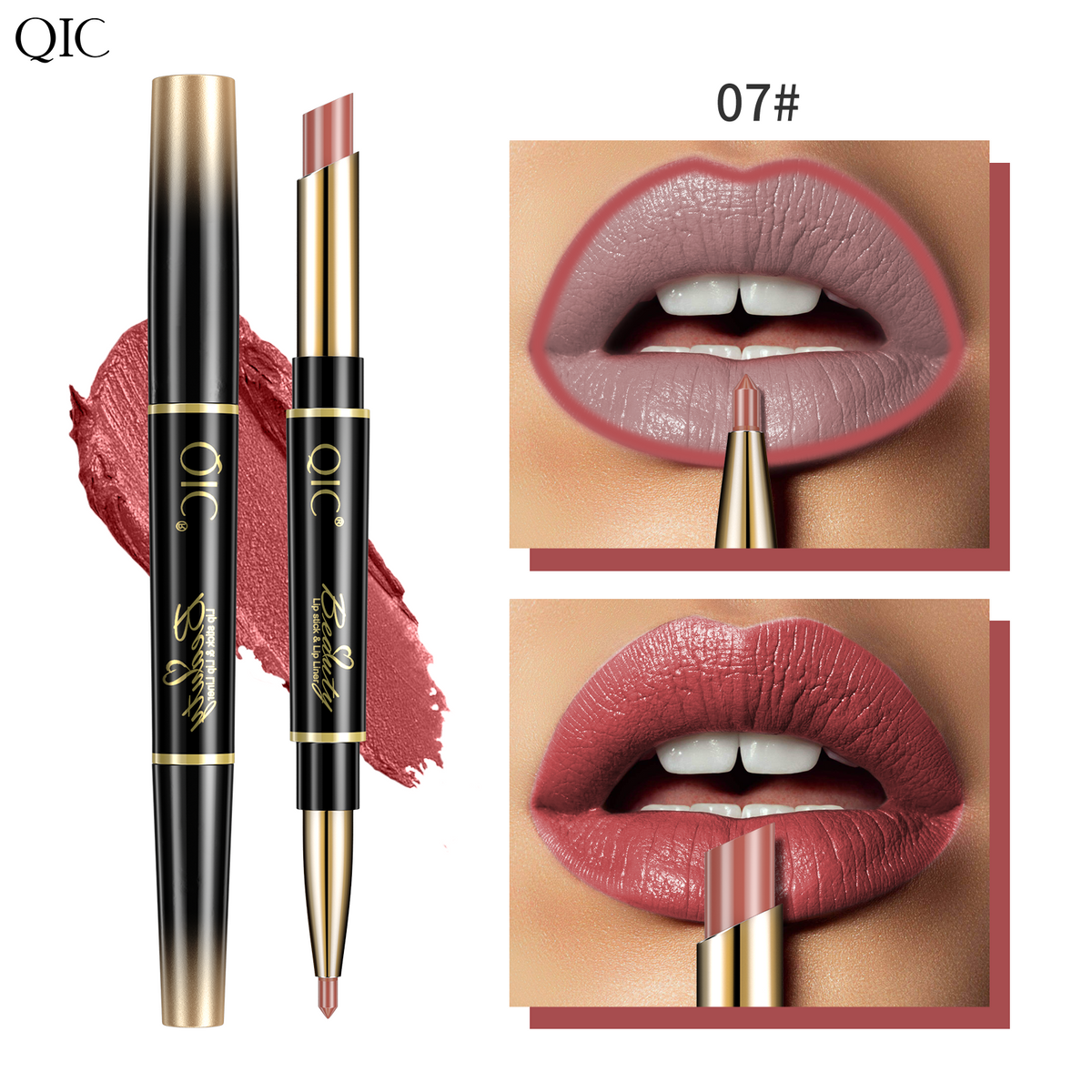 2-in-1 Dual-Ended Lipstick & Liner Matte Waterproof & Transfer-Proof 24H Non-Smudge Lip Combo Kiss-Proof in shade 07#, a muted rosewood pink with long-lasting matte finish and precise liner.