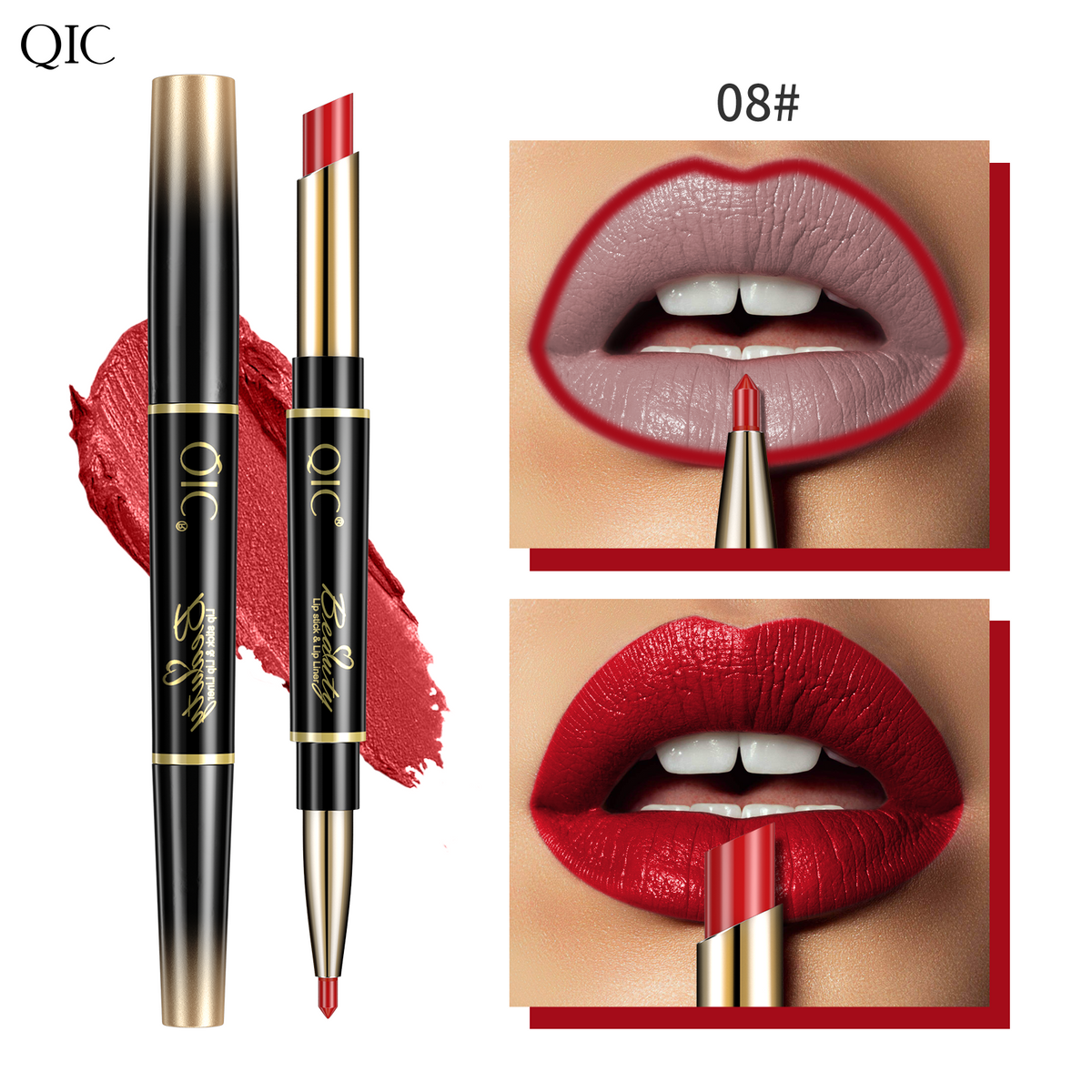 2-in-1 Dual-Ended Lipstick & Liner Matte Waterproof & Transfer-Proof 24H Non-Smudge Lip Combo Kiss-Proof in shade 08#, a classic red tone with smooth matte texture and dual-tip design.