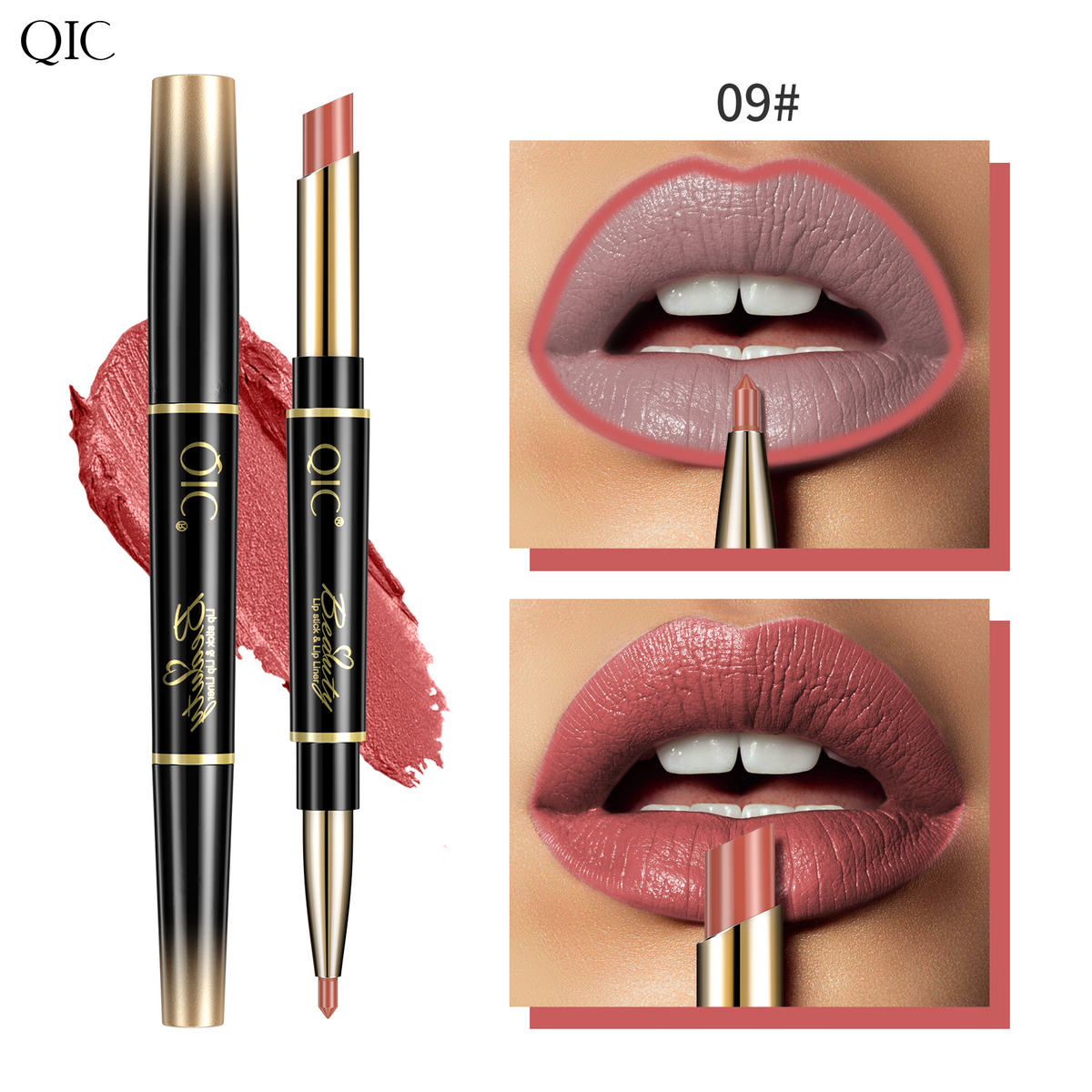 2-in-1 Dual-Ended Lipstick & Liner Matte Waterproof & Transfer-Proof 24H Non-Smudge Lip Combo Kiss-Proof in shade 09#, a soft peachy nude with long-lasting matte finish.